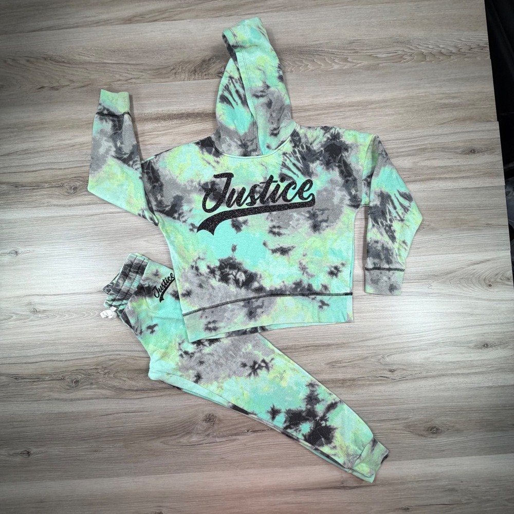 Justice Girls Tie Dye Hoodie‎ Sweatshirt Jogger Pants Set Aqua Black Gray Size S